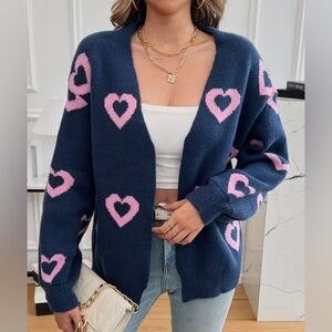 New Knit Heart Cozy Navy Blue Pink Open Front Cardigan Sweater Valentines Day